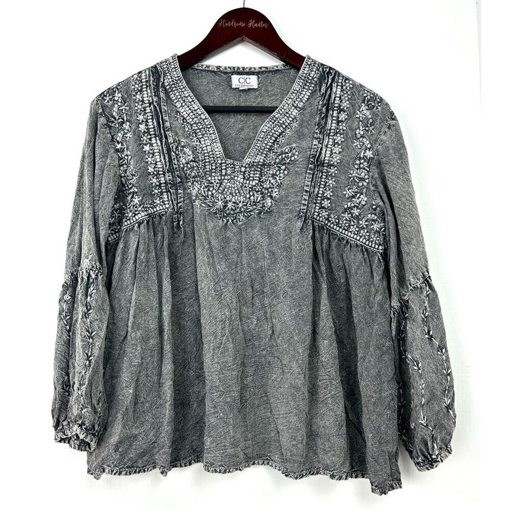 Chic Connection Women Embroidered Popover Top Long Sleeve V Neck Blouse M 1199N3